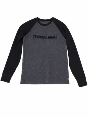 American Eagle Long Sleeve Thermal Shirt Gray Black Raglan Logo Mens sz XS